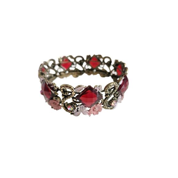 Vintage Red Floral Enamel & Glass Bracelet - Picture 7 of 10